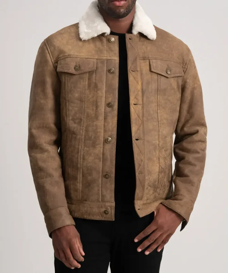 Men's Dallis Distressed Brown Leather Shearling Trucker Jacket