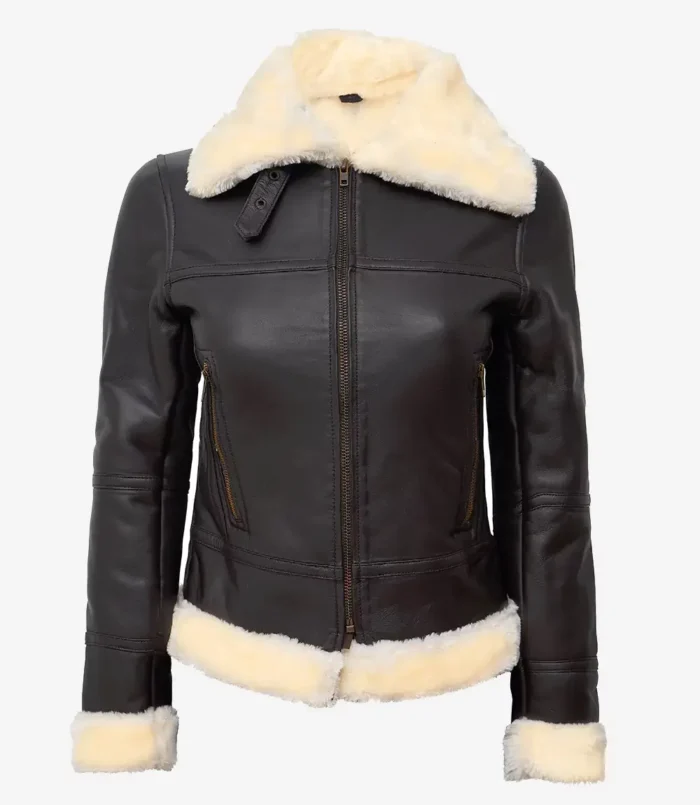 Women's Dark Brown Shearling Leather Bomber Jacket