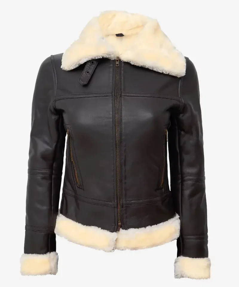 Women's Dark Brown Shearling Leather Bomber Jacket