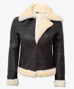 Women's Dark Brown Shearling Leather Bomber Jacket