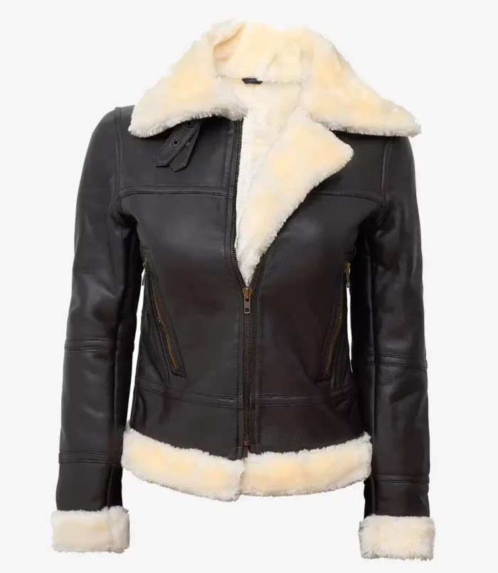 Women's Dark Brown Shearling Leather Bomber Jacket
