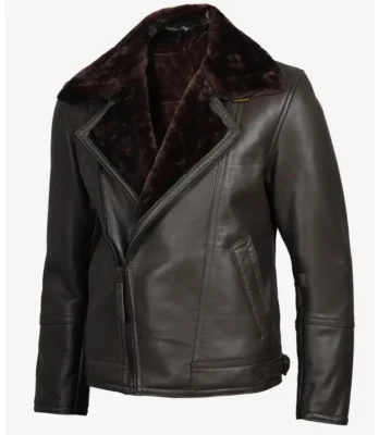 Men's Dark Brown Shearling Leather Moto Jacket Asymmetrical Shearling Lining