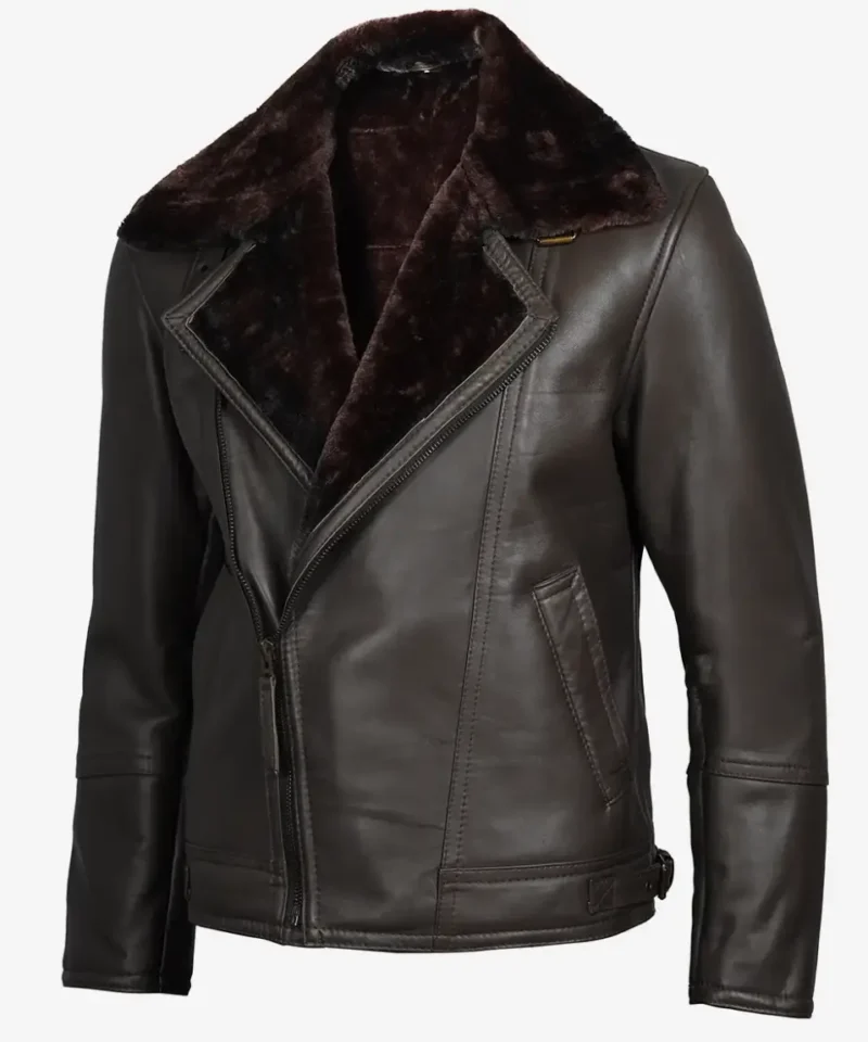 Men's Dark Brown Shearling Leather Moto Jacket Asymmetrical Shearling Lining