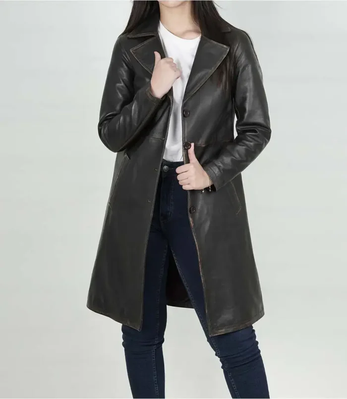 Women's Distressed Brown 3/4 Length Leather Coat