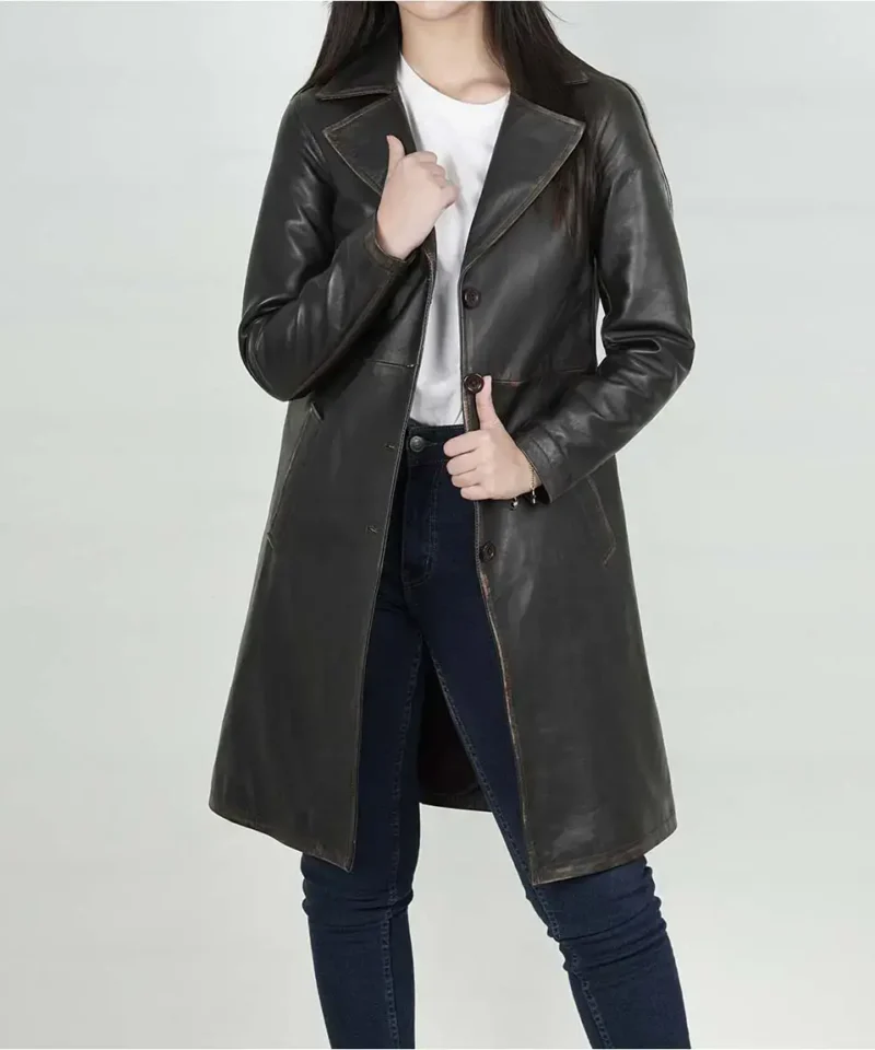 Women's Distressed Brown 3/4 Length Leather Coat