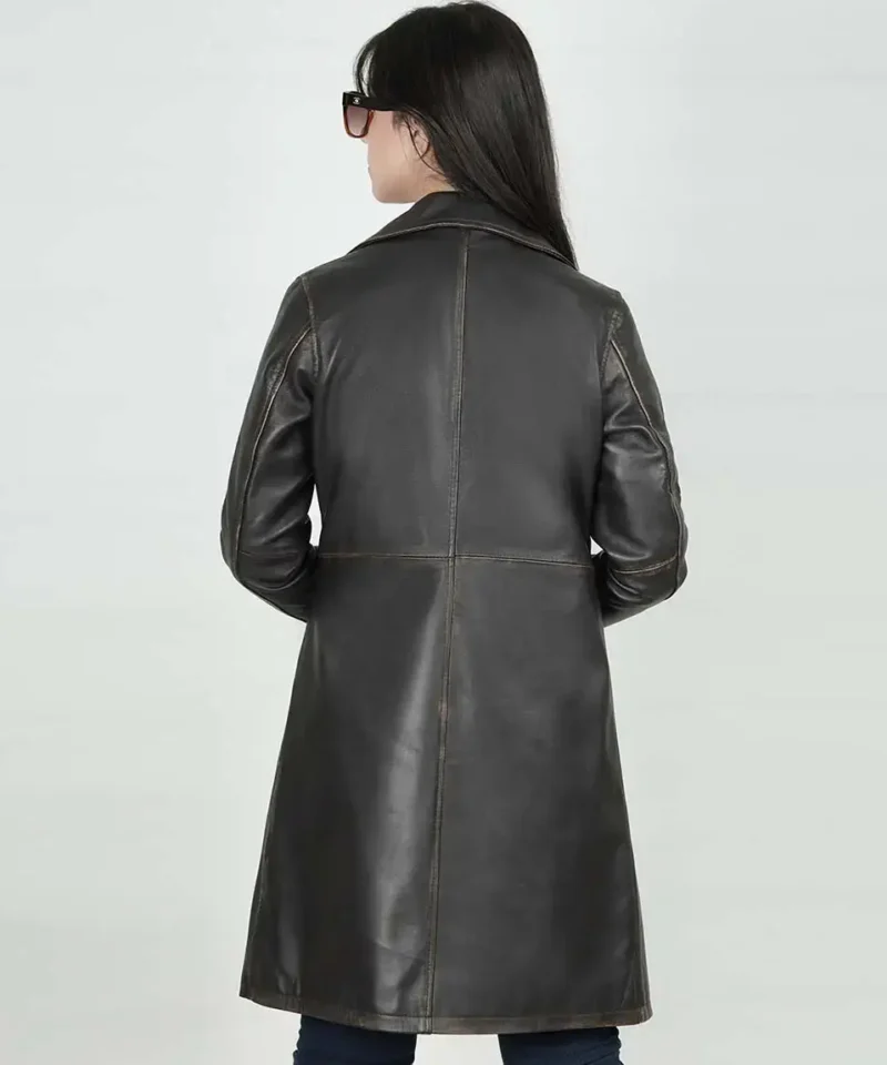 Women's Brown Distressed 3/4 Length Leather Coat