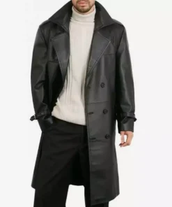 Men's Double Breasted Black Lambskin Leather Coat Knee Length