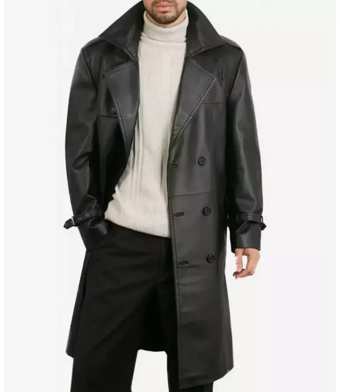 Men's Double Breasted Black Lambskin Leather Coat Knee Length