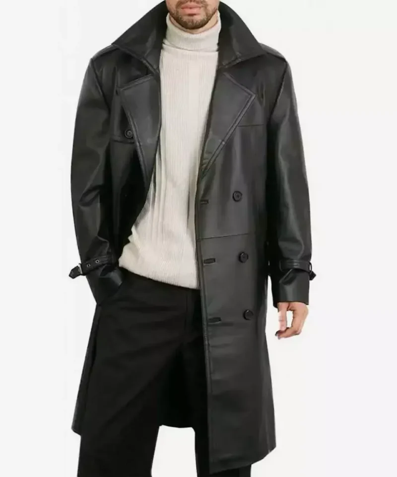 Men's Double Breasted Black Lambskin Leather Coat Knee Length