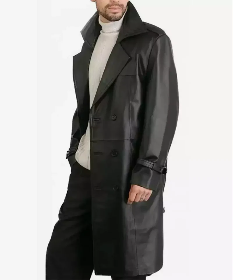 Men's Black Double Breasted Lambskin Leather Coat Knee Length