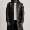 Men's Floyd Black Hooded Leather Puffer Coat