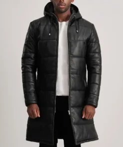 Men's Floyd Black Hooded Leather Puffer Coat