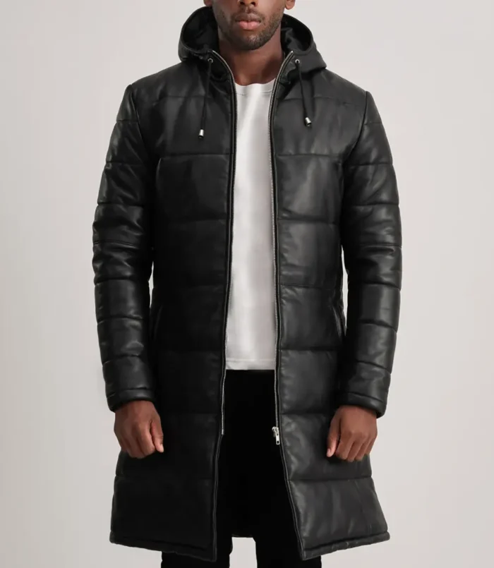 Men's Floyd Black Hooded Leather Puffer Coat