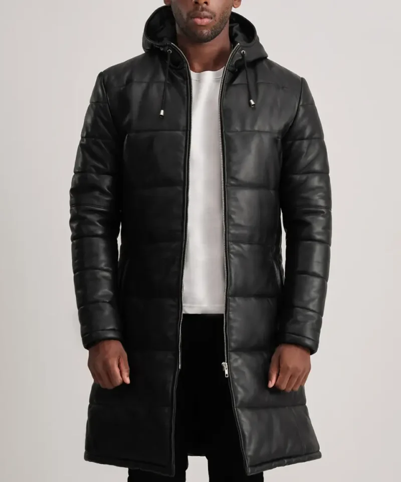 Men's Floyd Black Hooded Leather Puffer Coat