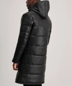 Men's Black Floyd Hooded Leather Puffer Coat