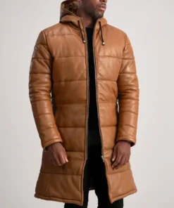 Men's Floyd Tan Brown Hooded Leather Puffer Coat