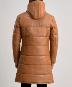 Men's Tan Brown Floyd Hooded Leather Puffer Coat