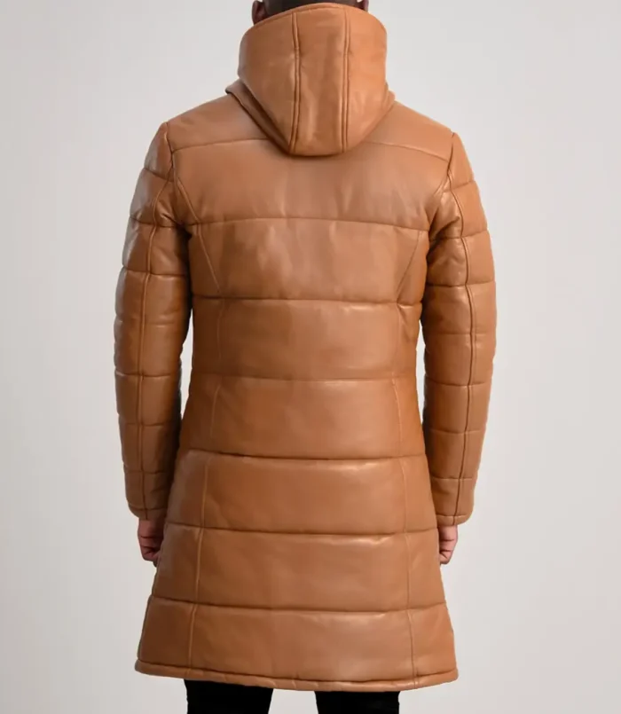 Men's Tan Brown Floyd Hooded Leather Puffer Coat