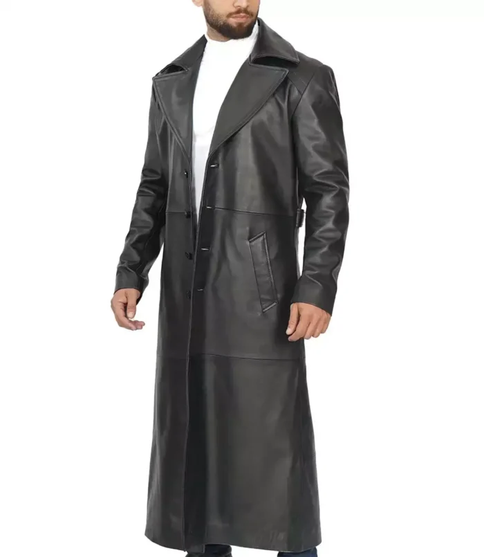 Men's Full Length Black Leather Coat Duster Coat