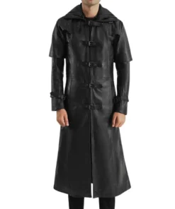 Men's Hooded Leather Black Trench Coat