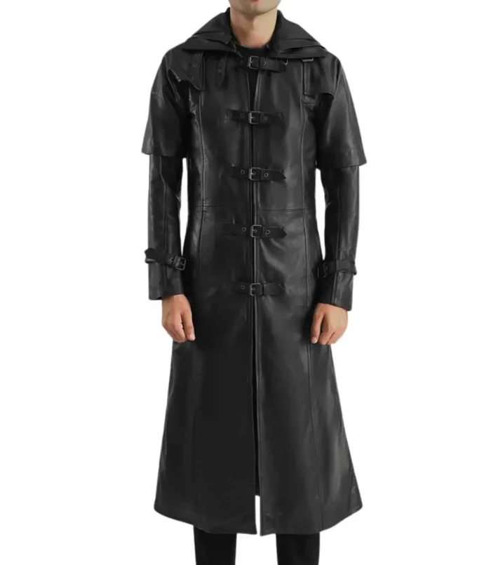 Men's Hooded Leather Black Trench Coat