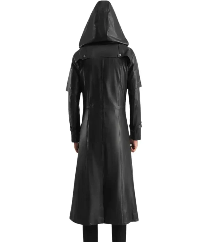 Men's Black Hooded Leather Trench Coat