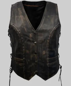 Women’s Jean Studded Distressed Brown Leather Vest