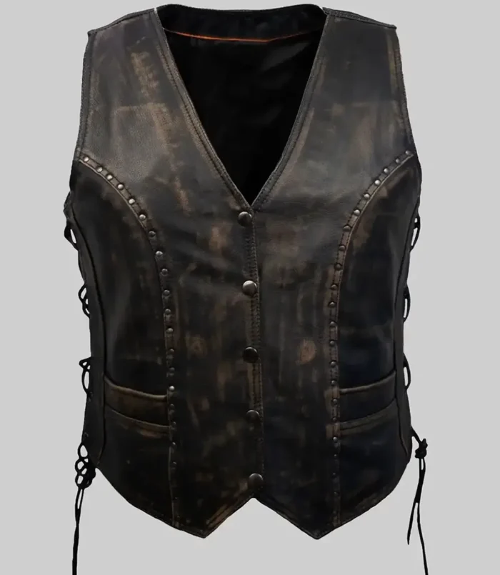 Women’s Jean Studded Distressed Brown Leather Vest