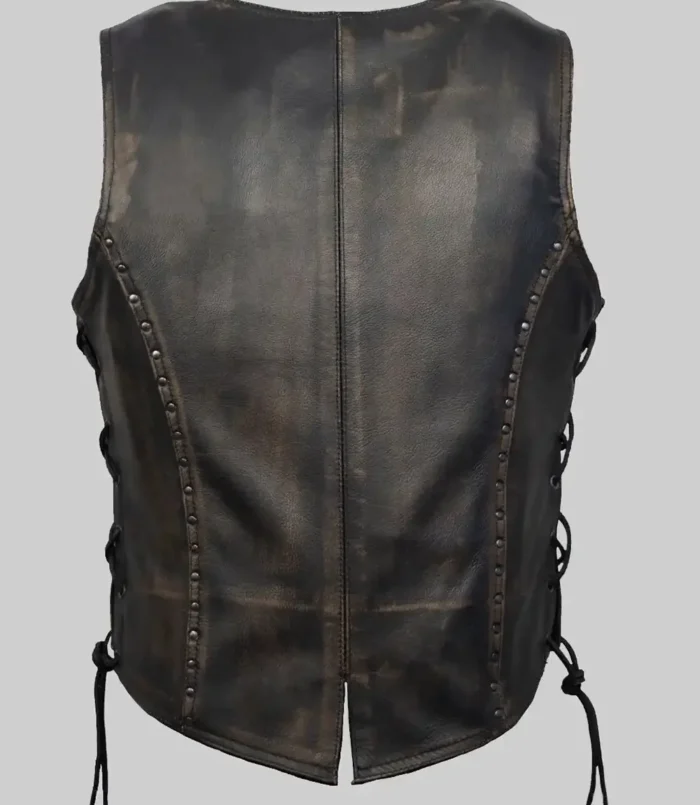 Women’s Jean Studded Distressed Brown Leather Vest
