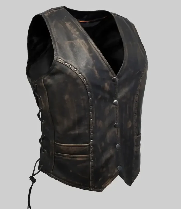 Women’s Jean Studded Distressed Brown Leather Vest