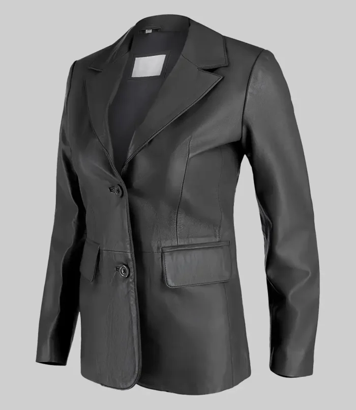 Women’s Black Jenna Two Button Leather Blazer Jacket Material: Real Leather