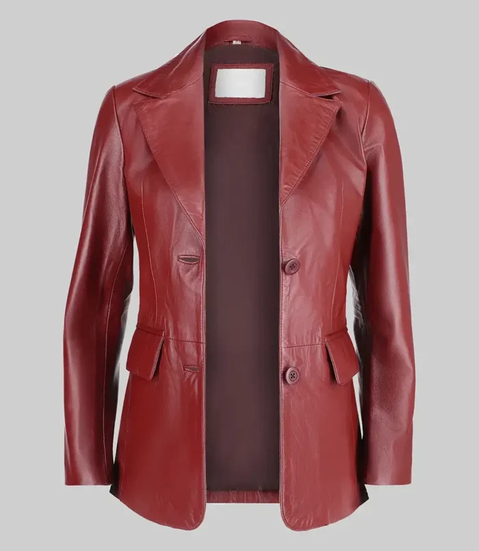 Women’s Jenna Maroon Two Button Leather Blazer Jacket