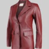 Women’s Maroon Jenna Two Button Leather Blazer Jacket