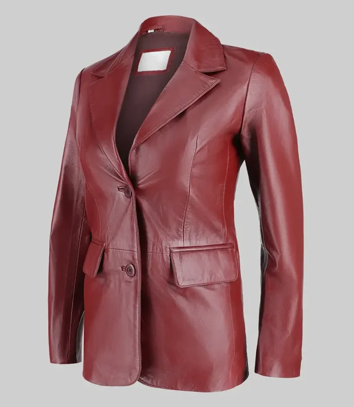Women’s Maroon Jenna Two Button Leather Blazer Jacket