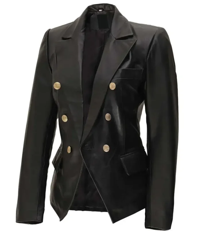 Women's Kim Double Breasted Black Leather Blazer