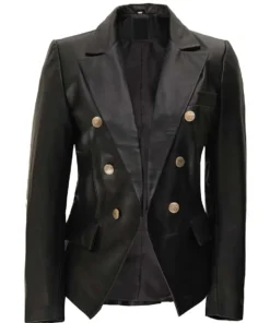 Women's Kim Double Breasted Black Leather Blazer