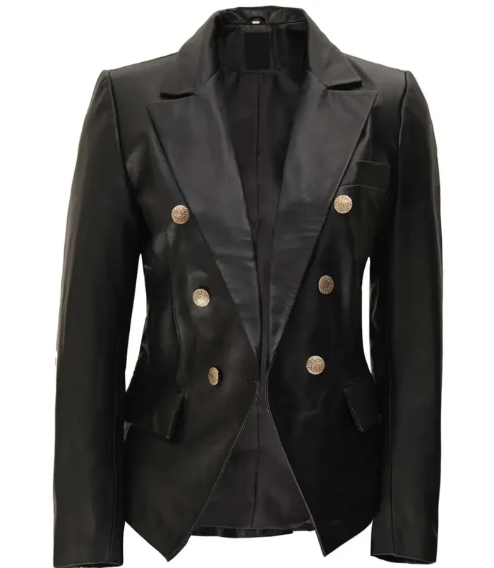Women's Kim Double Breasted Black Leather Blazer