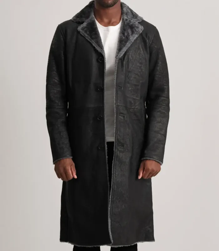 Men's Kolby Distressed Black Leather Shearling Coat