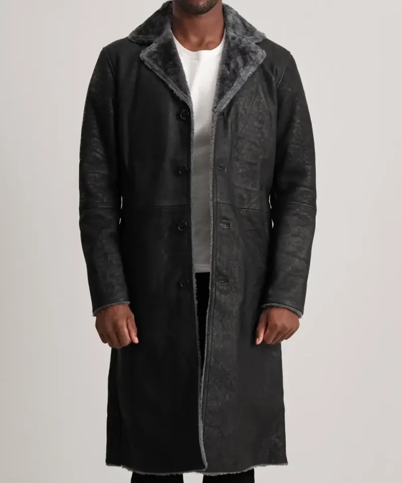 Men's Kolby Distressed Black Leather Shearling Coat
