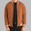 Men’s Light Brown Leather Bomber Jacket Real Sheepskin with Varsity Trim