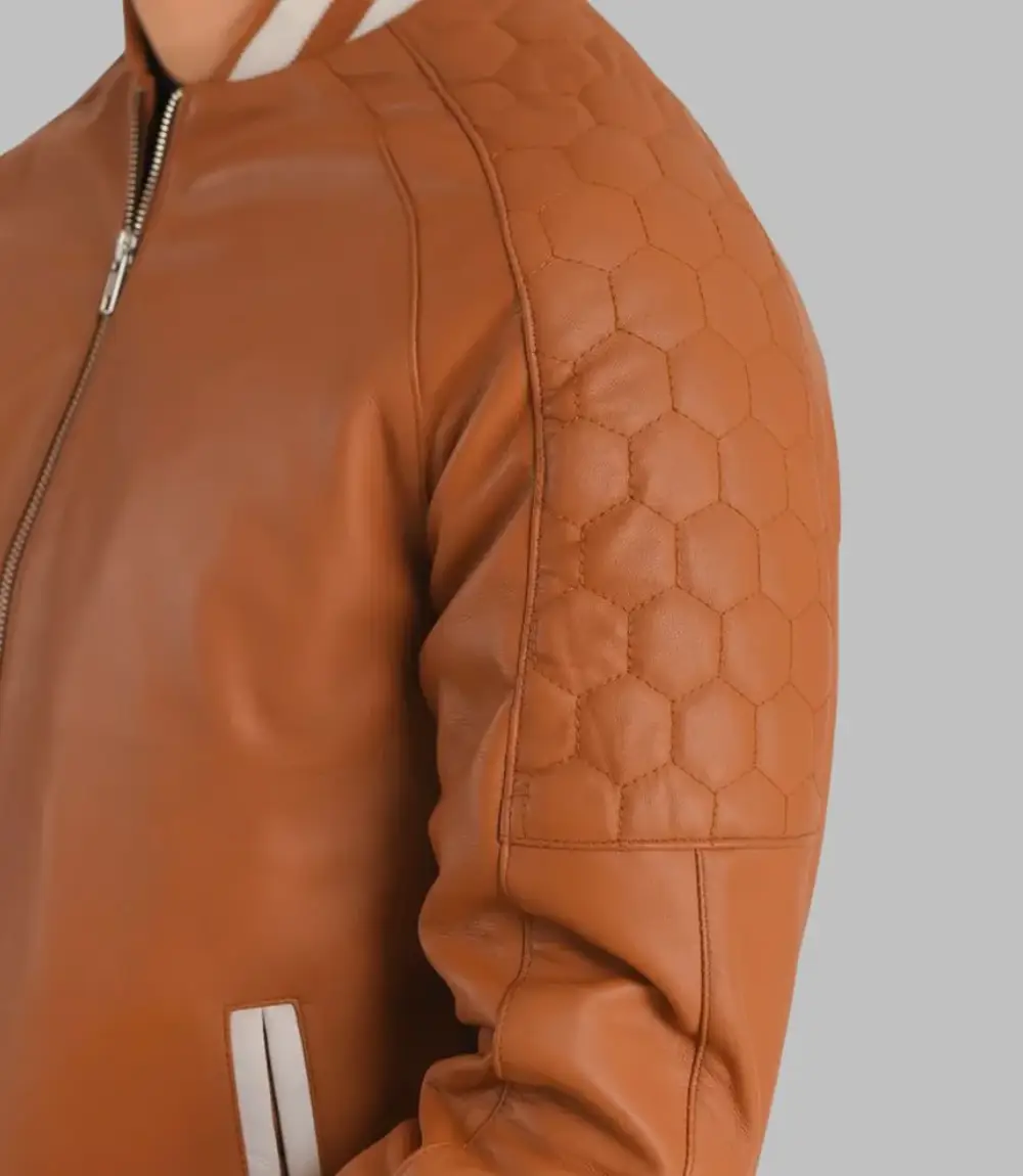 Men’s Light Brown Leather Bomber Jacket Real Sheepskin with Varsity Trim