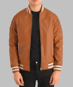 Men’s Light Brown Leather Bomber Jacket Real Sheepskin with Varsity Trim