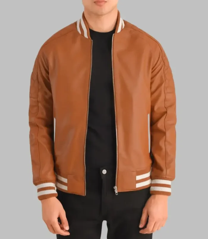 Men’s Light Brown Leather Bomber Jacket Real Sheepskin with Varsity Trim