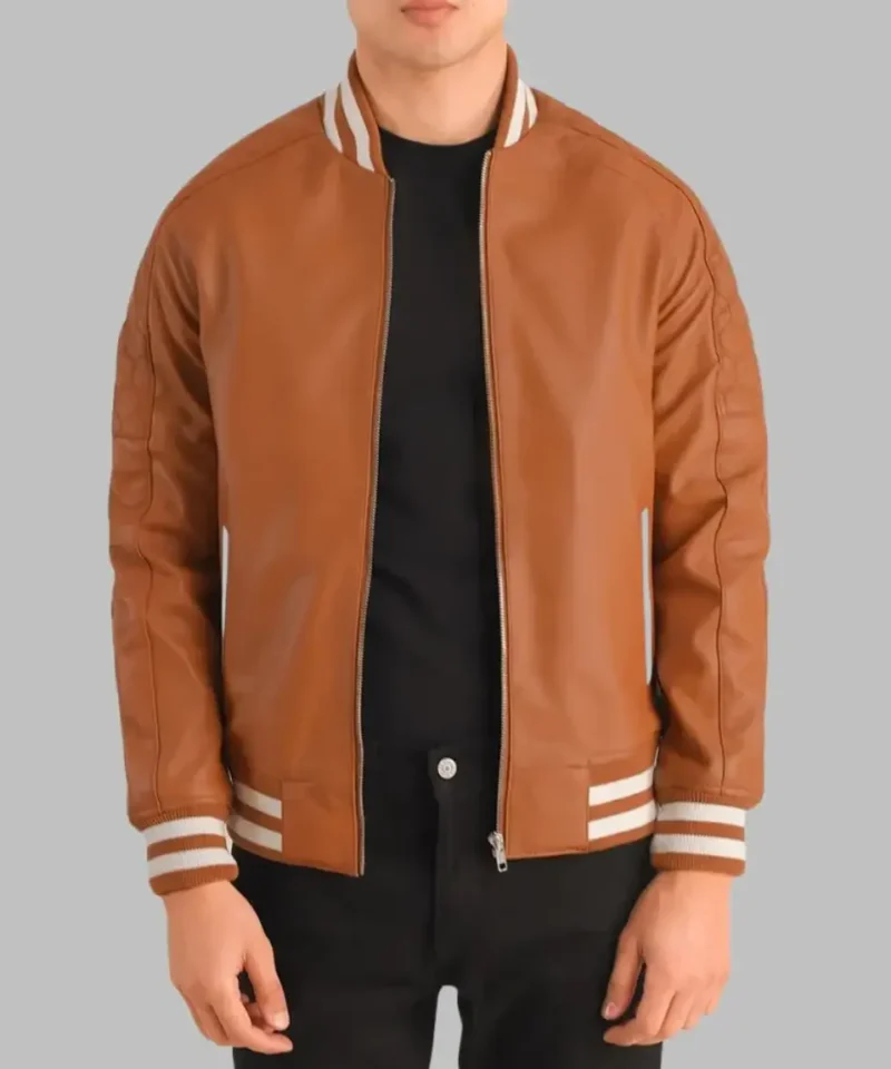 Men’s Light Brown Leather Bomber Jacket Real Sheepskin with Varsity Trim