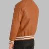 Men’s Light Brown Leather Bomber Jacket Real Sheepskin with Varsity Trim