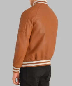 Men’s Light Brown Leather Bomber Jacket Real Sheepskin with Varsity Trim
