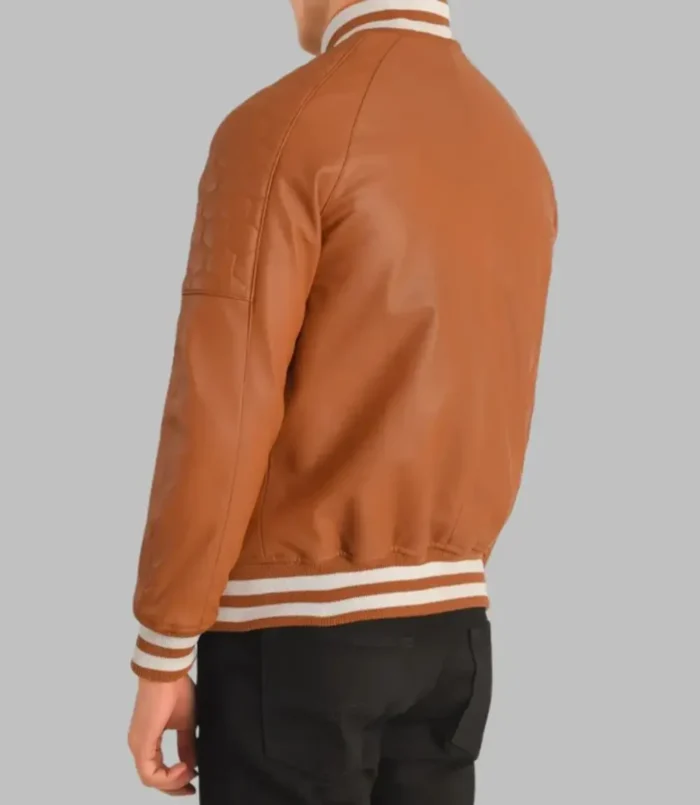 Men’s Light Brown Leather Bomber Jacket Real Sheepskin with Varsity Trim