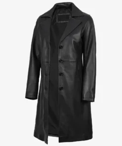 Women's Long Black Leather Car Coat Notch Lapel