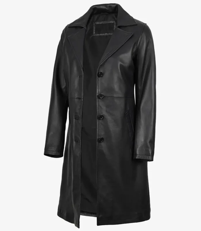 Women's Long Black Leather Car Coat Notch Lapel