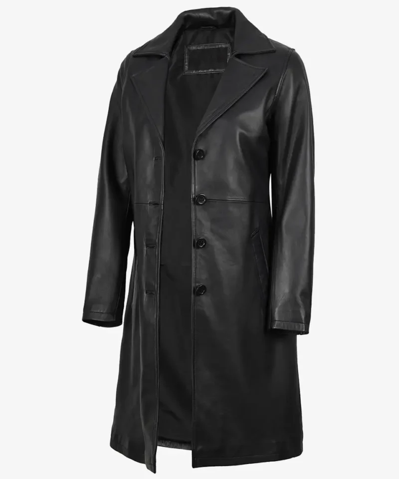 Women's Long Black Leather Car Coat Notch Lapel